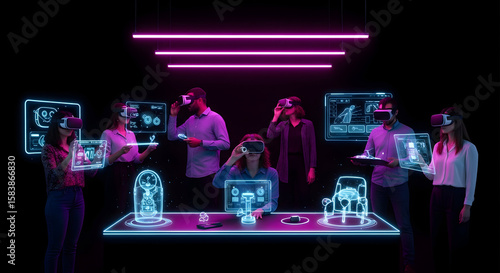 Virtual Reality Collaboration: A Team Working with VR Headsets in a Futuristic Setting