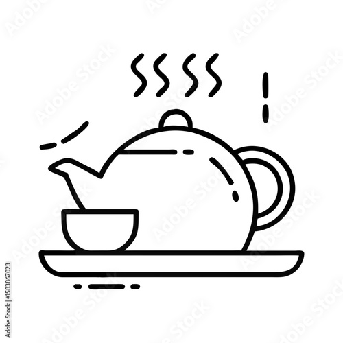 Teapot pouring tea into a cup with steam on a serving tray - Concept of icon, vector, housewarming  