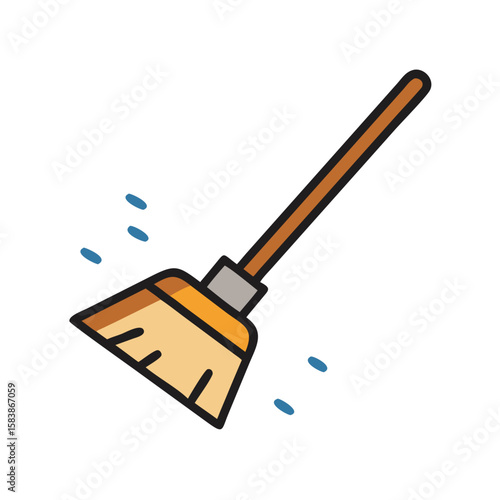 Broom sweeping with blue dust particles in minimalist style - Concept of icon, vector, housewarming  