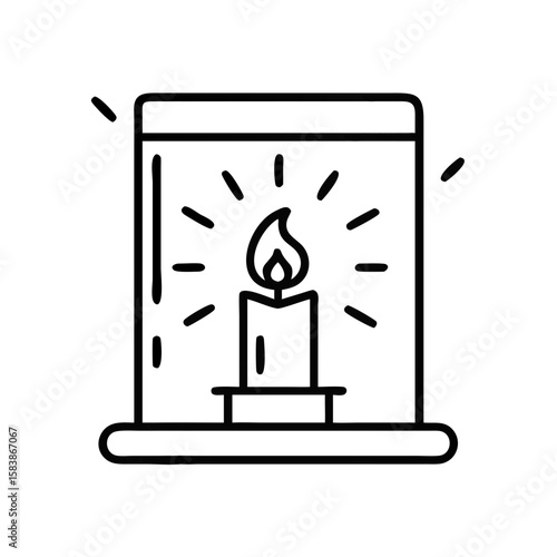 Candle in glass jar glowing warmly on windowsill with light bursts  