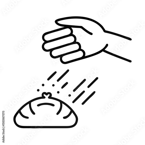 Hand sprinkling salt over traditional bread loaf icon, vector, housewarming  