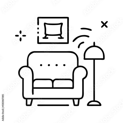 Cozy armchair with lamp and decorative picture in modern style - Concept of icon, vector, housewarming  