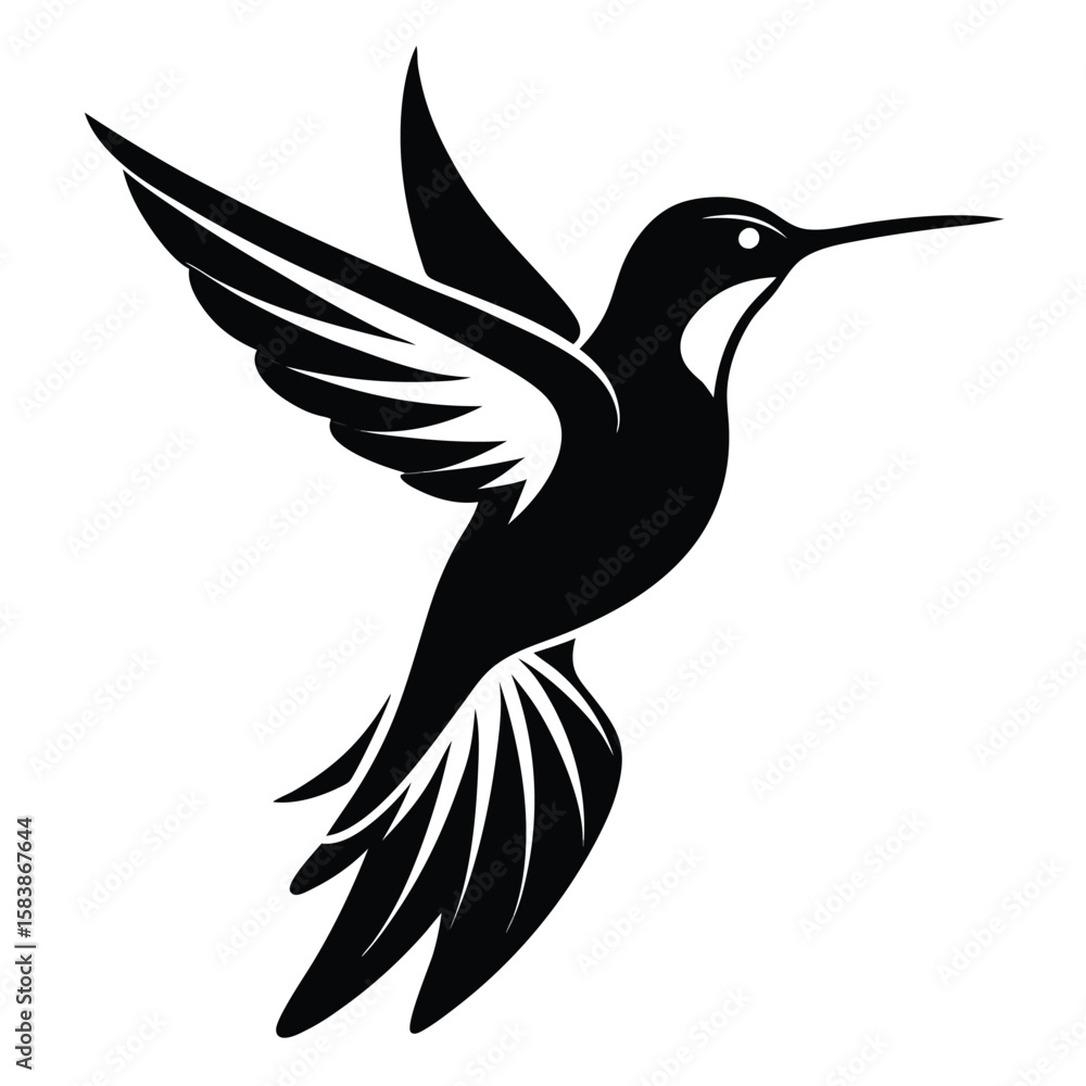 Fototapeta premium Elegant Silhouette of a Hummingbird in Flight Artistic Black and White Design