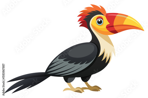 Cartoon Toucan with Bright Beak and Feathers Perched, Ready to Fly