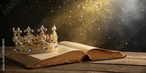 A regal crown rests upon an open book amidst golden stardust and light