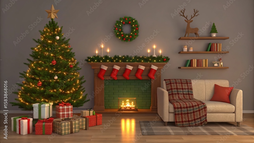 Fototapeta premium Cozy christmas living room scene with decorated tree and fireplace