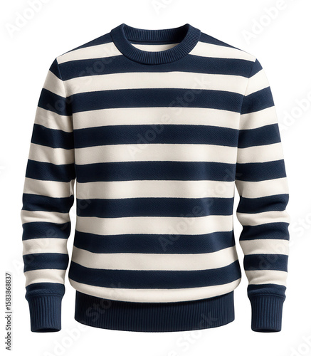 Striped crew neck pullover with contrasting navy and white pattern