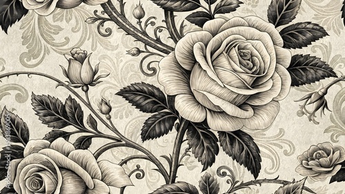 Vintage Engraved Rose Garden Seamless Pattern background.