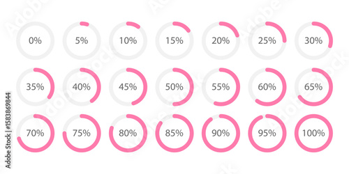 Round Loading Progress Icons. Circle percentage pie chart diagram. Segment of circle icons from 0 to 100 percent. Infographic element in pink color for business dashboard, app, report, website design