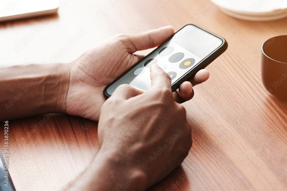 Fototapeta premium Man Using Smartphone App at Wooden Desk – Modern Mobile Interface Interaction