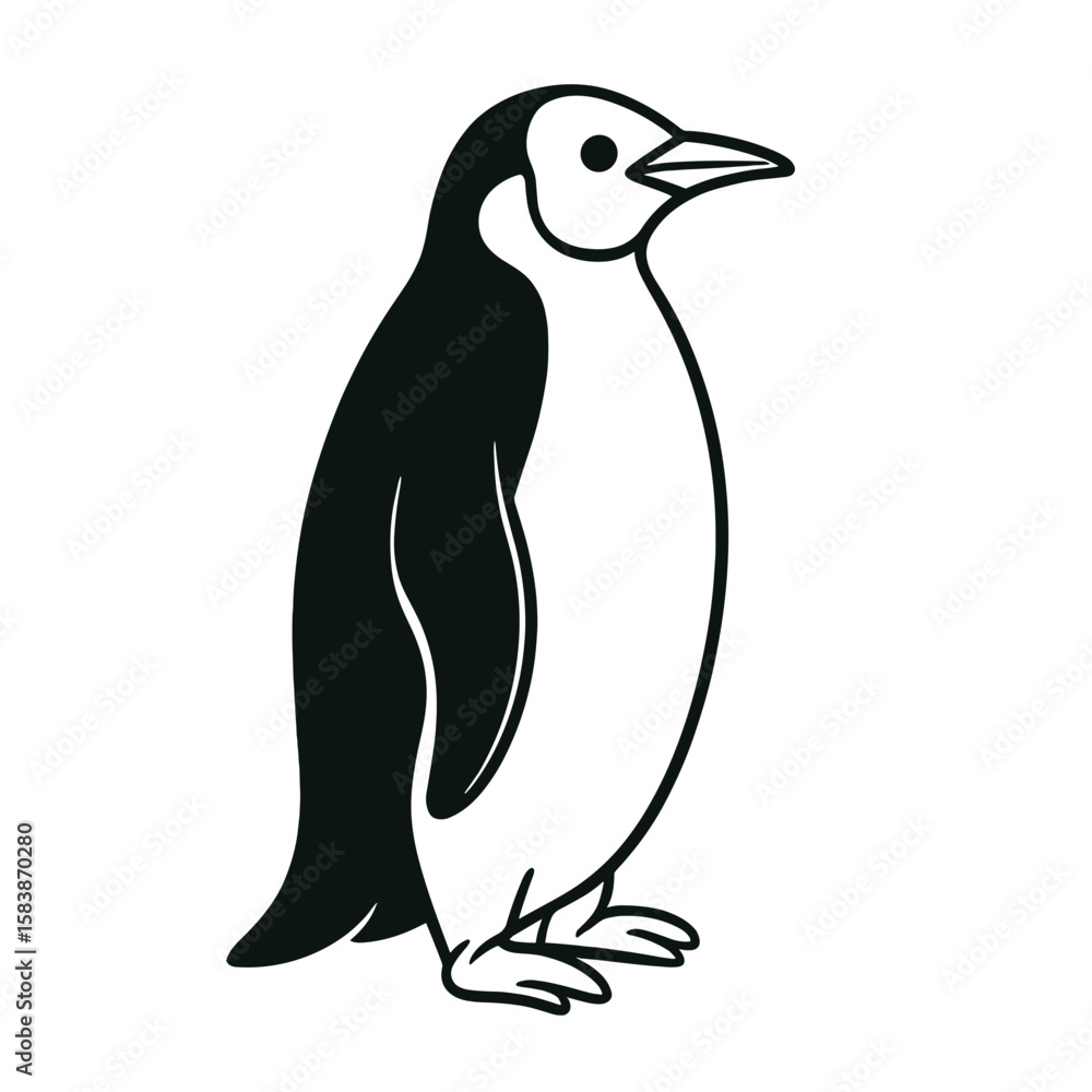Obraz premium Black and white drawing of a standing penguin isolated on white 