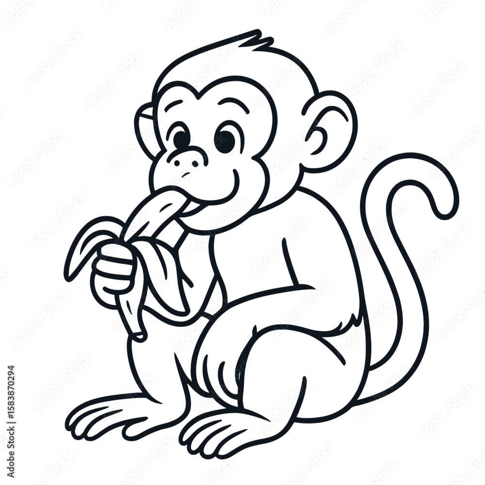 Obraz premium Cartoon monkey eating banana while sitting on white background 