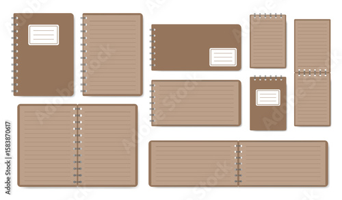 Eco-style brown cover notebooks in three sizes and styles. Flat vector with white lined paper. Features closed, half-open, and full-spread page designs.