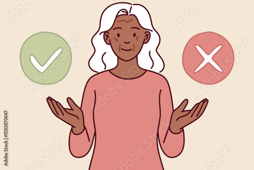 Dark skinned senior woman illustrates proper and improper behavior during heat using visual cues with green check and red cross