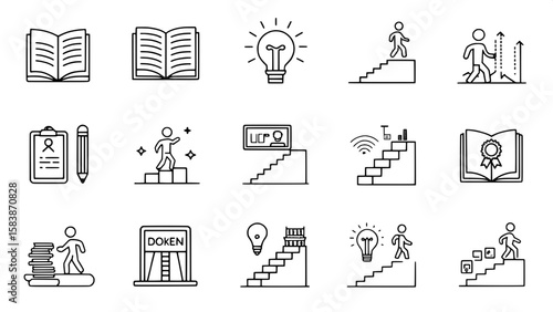 A uniform grid of 85 icons representing lifelong learning and personal mastery. Each icon features a thin black line drawing of open books, paths, staircases, light bulbs, and figures climbing or medi