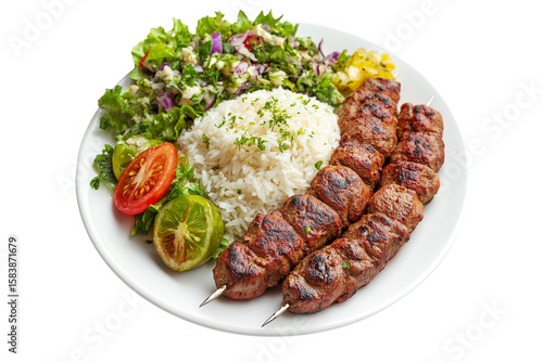 Adana Kebab Plate with Rice and Fresh Salad Isolated on Transparent Background