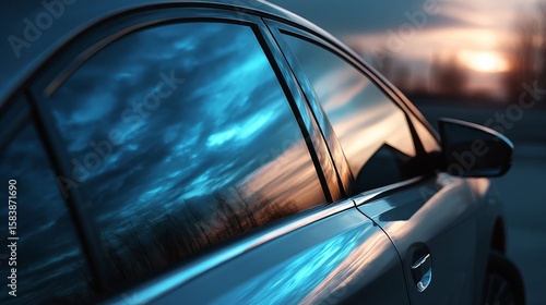 Tinted car window with reflective foil captured in a modern vehicle close-up