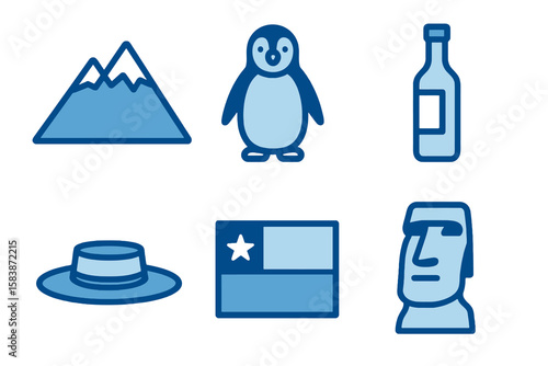 Chilean icons in light and dark blue shades: Andes, penguin, wine, huaso hat, flag, moai statue. Flat cartoon style on transparent.