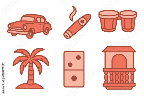 Cuban icons in light and dark red shades: vintage car, cigar, bongo, palm, domino, balcony. Flat cartoon style on transparent.