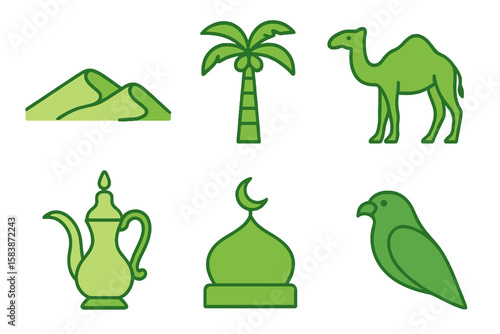 Saudi Arabian icons in light and dark green shades: dunes, palm, camel, coffee pot, mosque, falcon. Flat cartoon style on transparent.