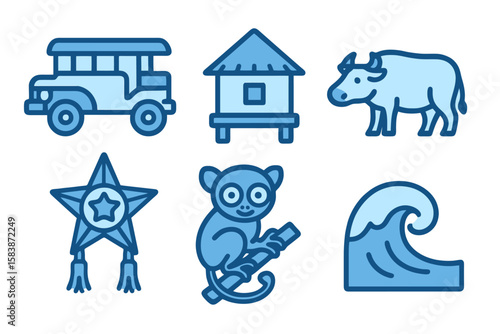 Philippines icons in light and dark blue shades: jeepney, hut, carabao, lantern, tarsier, beach wave. Flat cartoon style on transparent.