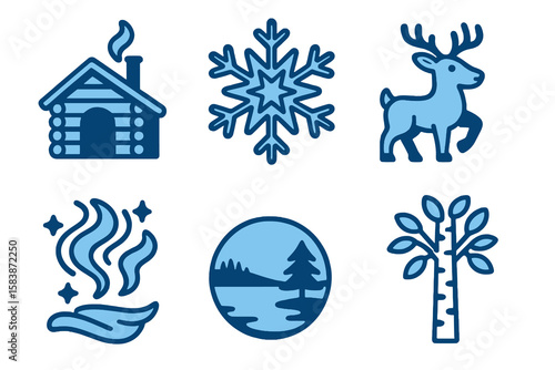 Finnish icons in light and dark blue shades: sauna, snowflake, reindeer, aurora, lake, birch. Flat cartoon style on transparent.
