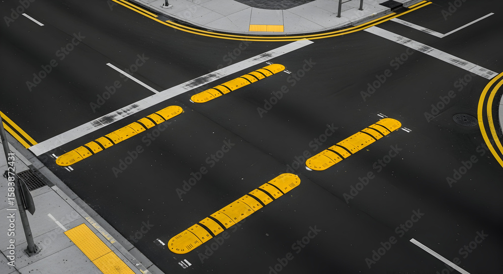 Fototapeta premium Urban Intersection With Speed Bumps And Crosswalk Markings Aerial View