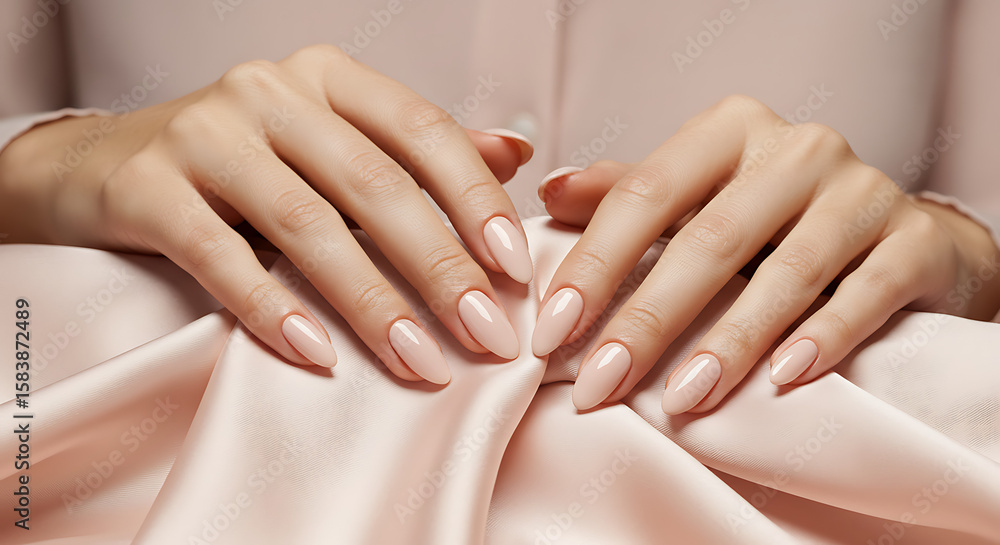 Delicate hands with an elegant nude manicure, shaped in almond style and finished with a high-gloss top coat, resting gently on a satin fabric Delicate hands with an elegant nude manicure, shaped in almond style and finished with a high-gloss top coat, resting gently on a satin fabric