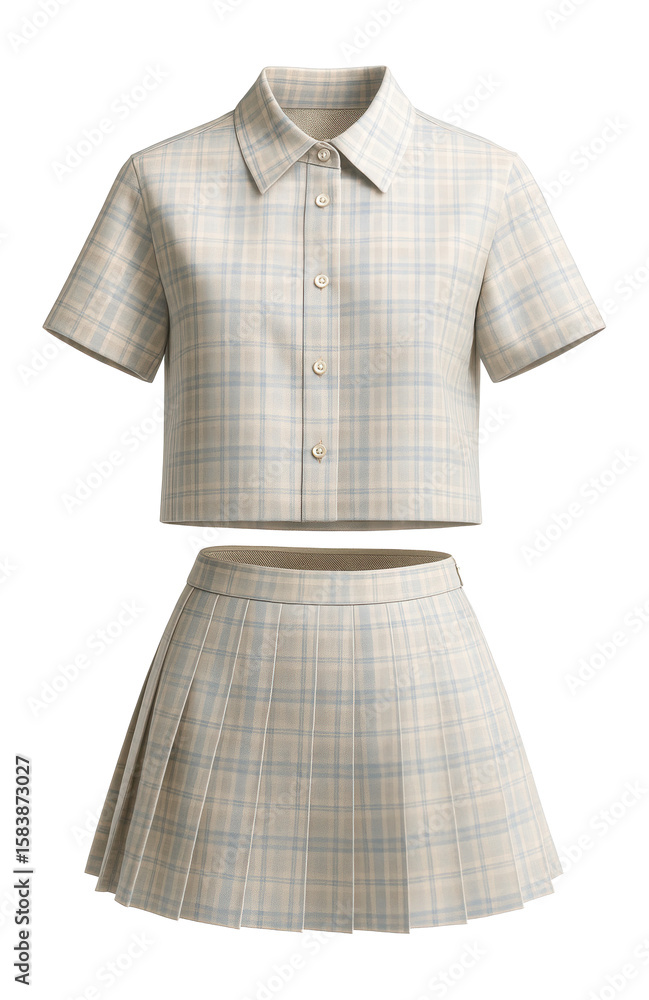 Naklejka premium Short-sleeve boxy shirt and pleated mini skirt twinset in checked poplin
