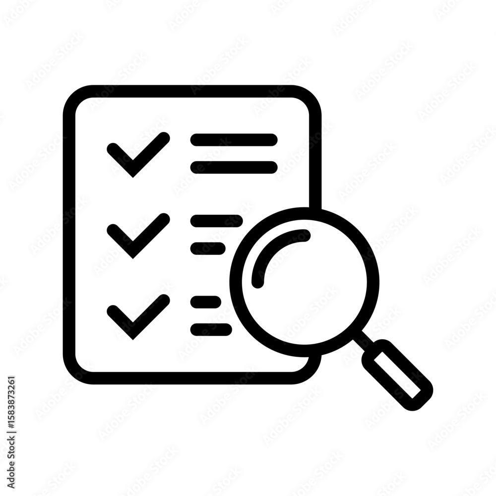 Checklist audit document with magnifying glass icon for verification and assessment process. Checklist audit document with magnifying glass icon for verification and assessment process.