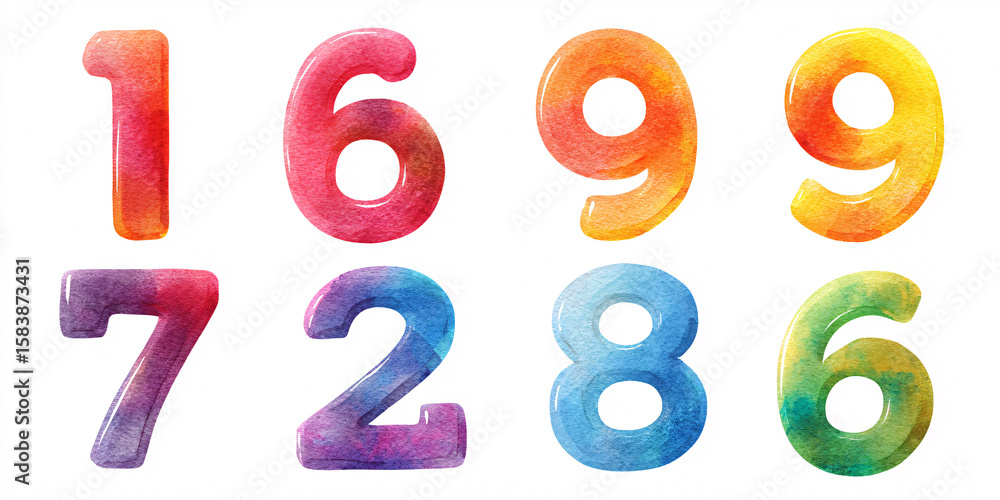 Fototapeta premium Watercolor painted numbers set from zero to nine in vibrant colors for educational resources and creative design projects
