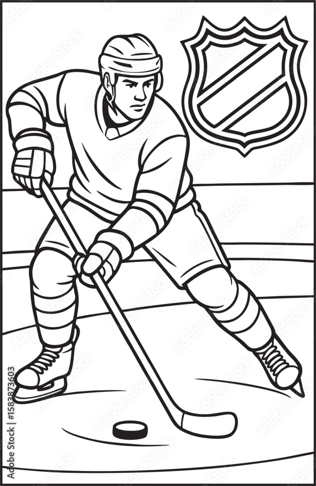 Fototapeta premium Black and white coloring page of an ice hockey player in action, ready to strike the puck.