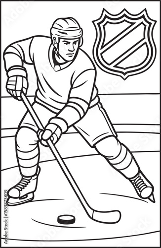 Black and white coloring page of an ice hockey player in action, ready to strike the puck.