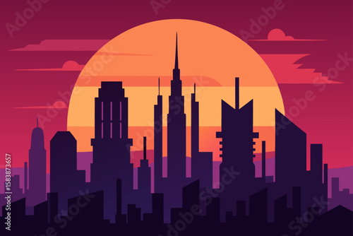 Futuristic Cityscape Silhouette at Sunset Vector