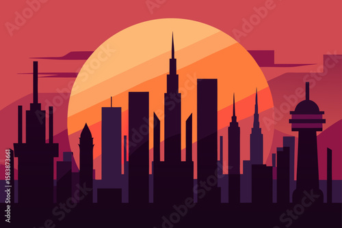 Futuristic Cityscape Silhouette at Sunset Vector