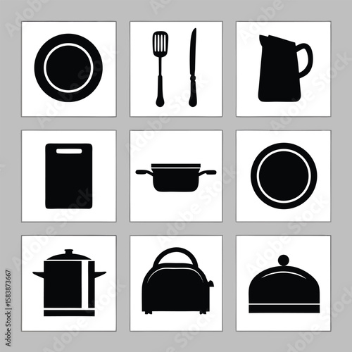 Black kitchenware icons on white squares cooking utensil