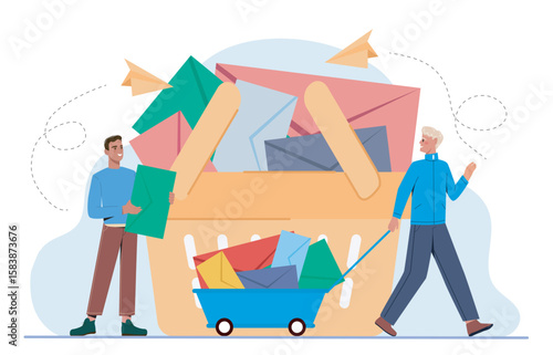 Men collecting colorful envelopes together. Vector illustration
