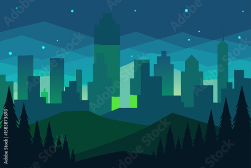 Glowing Cityscape Viewed from Forest Edge