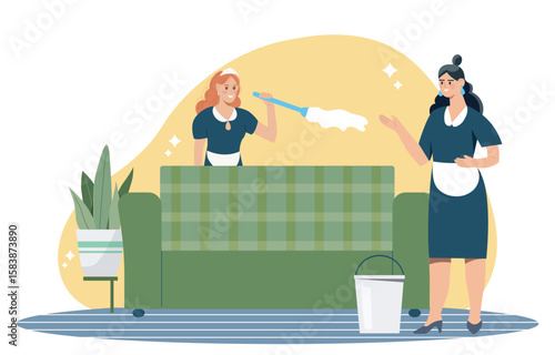 Two maids cleaning living room interior. Vector illustration