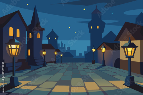 Medieval Town Square with Lanterns and Cobblestone