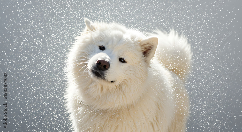 Fototapeta premium A wet dog shaking off water droplets in slow motion after a bath, creating a spray around its head.