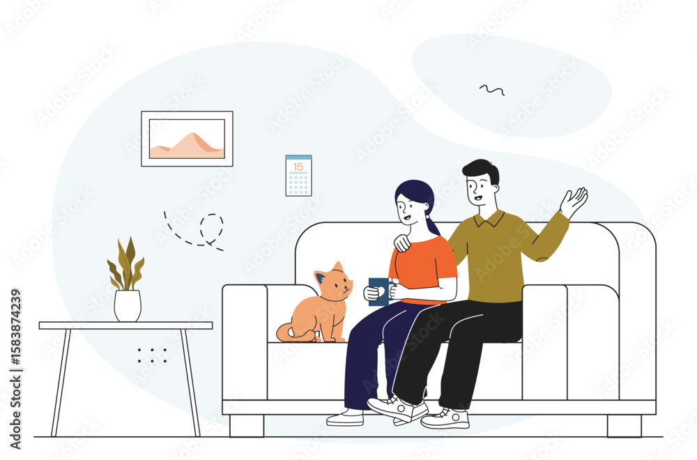 Fototapeta premium Couple and cat sitting on sofa at home. Vector illustration