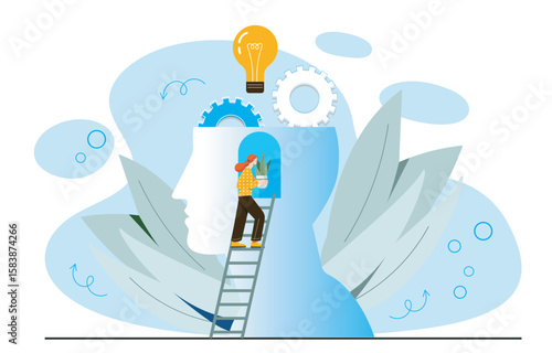 Woman nurturing brain with creativity tools. Vector illustration