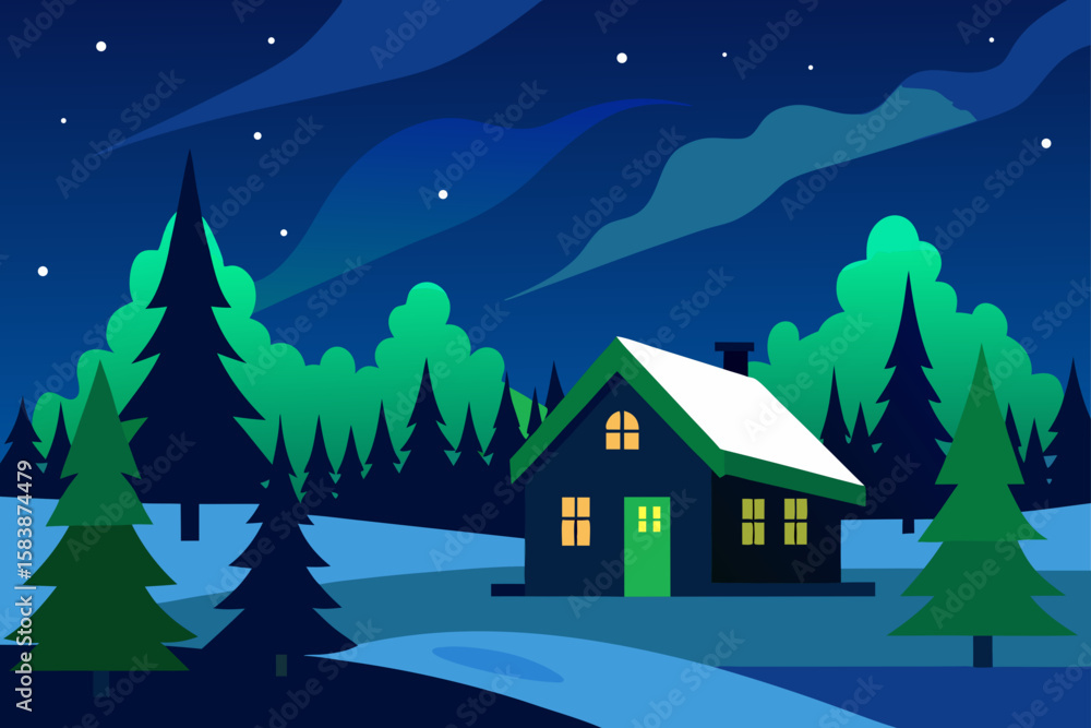 Naklejka premium Snowy Forest Cabin under Northern Lights