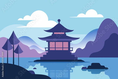 Serene Tea House Overlooking Misty Lake