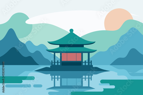 Serene Tea House Overlooking Misty Lake