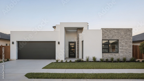 Modern residential home exterior showing architectural design features including garage entry brick wall and landscaping