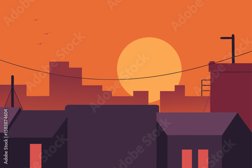 Sunset Over Rooftop Laundry Lines and Urban Life