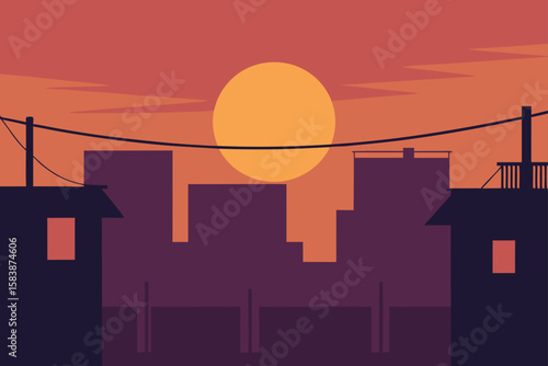 Sunset Over Rooftop Laundry Lines and Urban Life