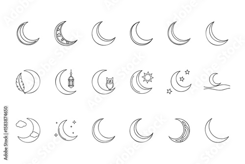 Collection crescent moon icons with stars clouds sun owl feather lantern bundle outline